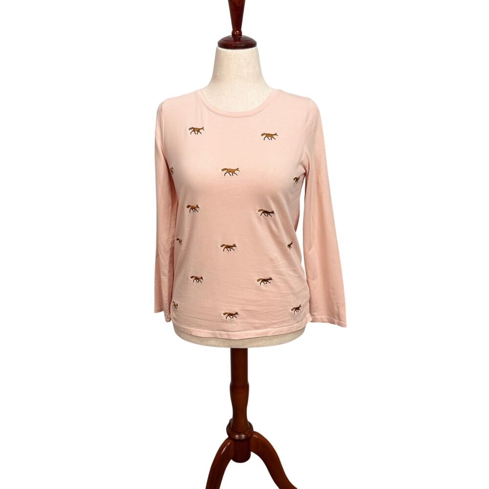 Talbots long sleeve crewneck Tee pale pink embroidered Fox print cotton top S